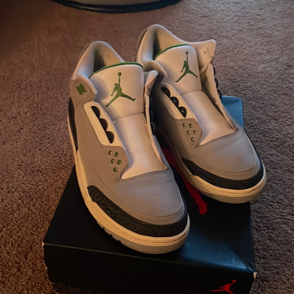 Air Jordan 3 retro size 9.5. Grey, white black and green